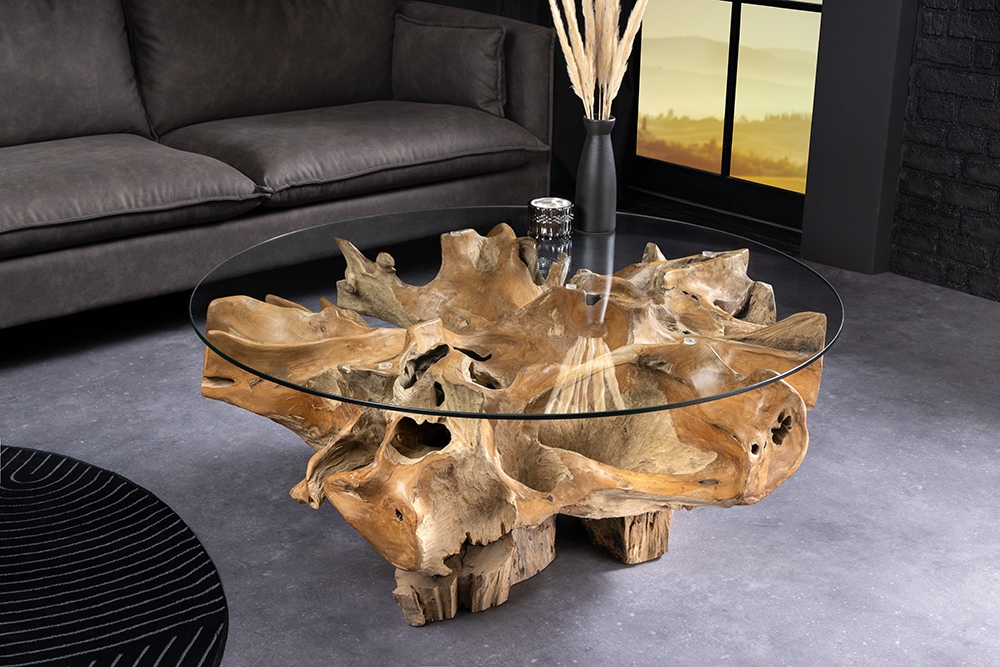 Runder Couchtisch ROOT 100cm natur Teak Massivholz aus Wurzelholz mit Glasplatte Runder Couchtisch ROOT 100cm natur Teak Massivholz aus Wurzelholz mit Glasplatte