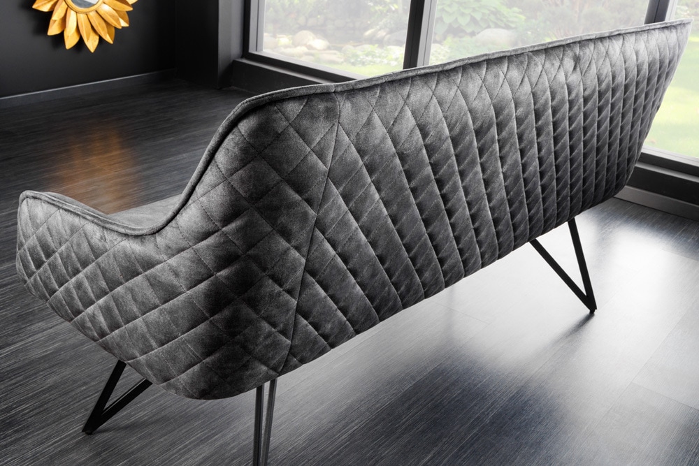 Design Sitzbank EUPHORIA 160cm dunkelgrau Samt Retrostil Ziersteppung Hairpin Legs Metallbeine Armlehnen