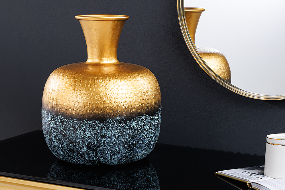 Handgefertigte Deko Vase ABSTRACT ORIENT 40cm gold rund Metall Patina