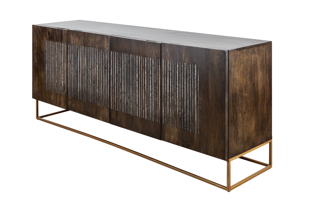 Massives Sideboard ONYX 180cm dunkelbraun Mangoholz Edelstein Achat gold Metallgestell