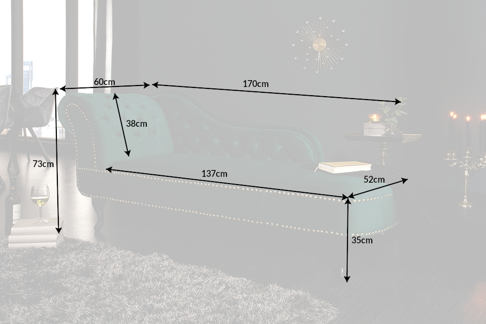 Design Récamière CHESTERFIELD 170cm smaragdgrün Samt Knopfheftung Nietenbesatz