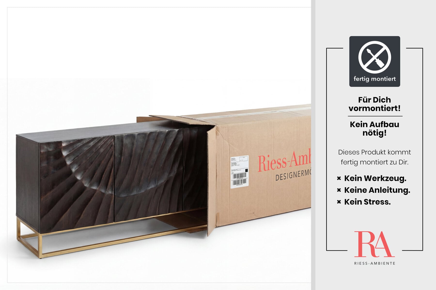 Massives Sideboard SCORPION 180cm schwarz Mangoholz aufwendige 3D Schnitzereien