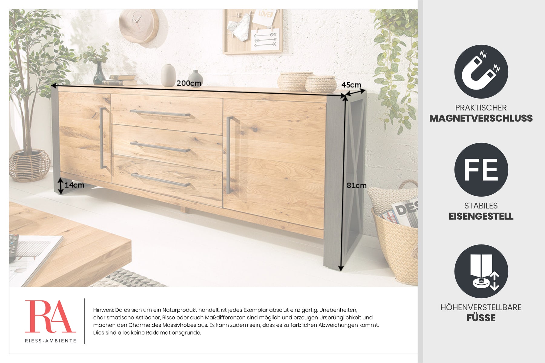 Massivholz Sideboard THOR 200cm mit Schubladen natur Wildeiche geölt Metall schwarz