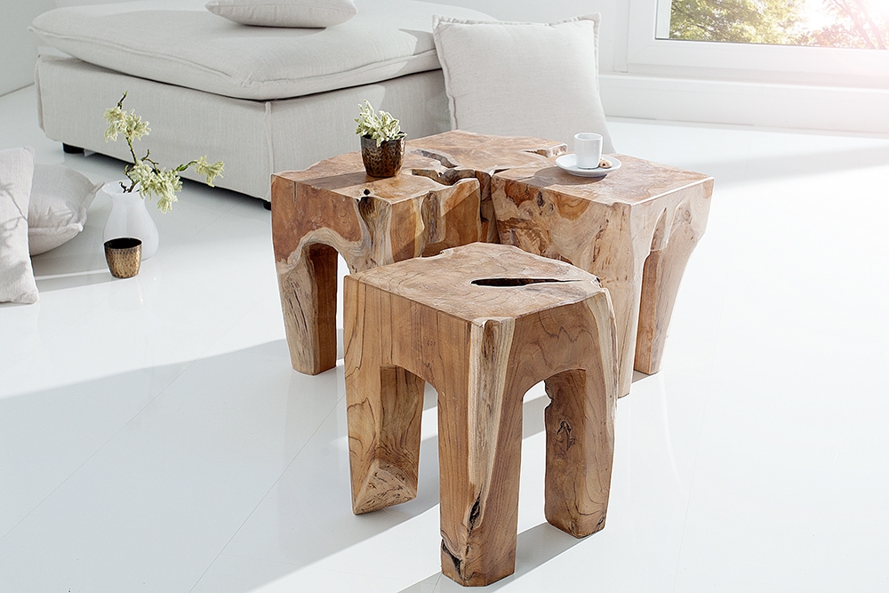Massivholz Beistelltisch MOLAR 30cm Hocker Teak Block aus einem Stück gefertigt