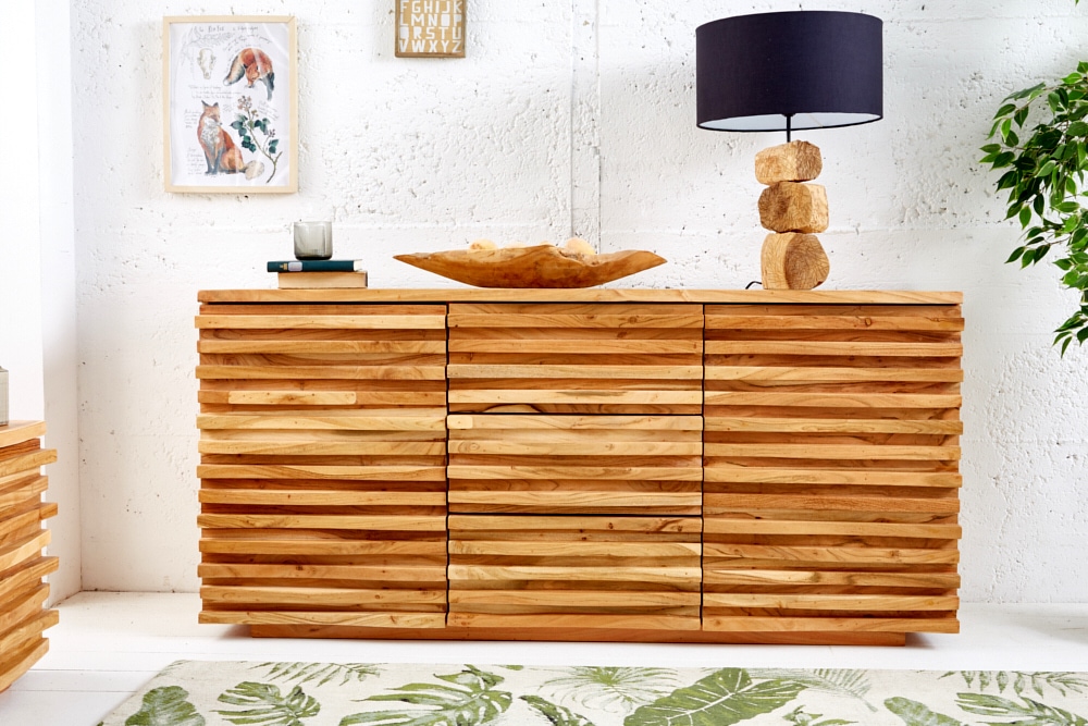 Massivholz Sideboard RELIEF 160cm Akazie Kommode mit Schubladen aufwändige Front