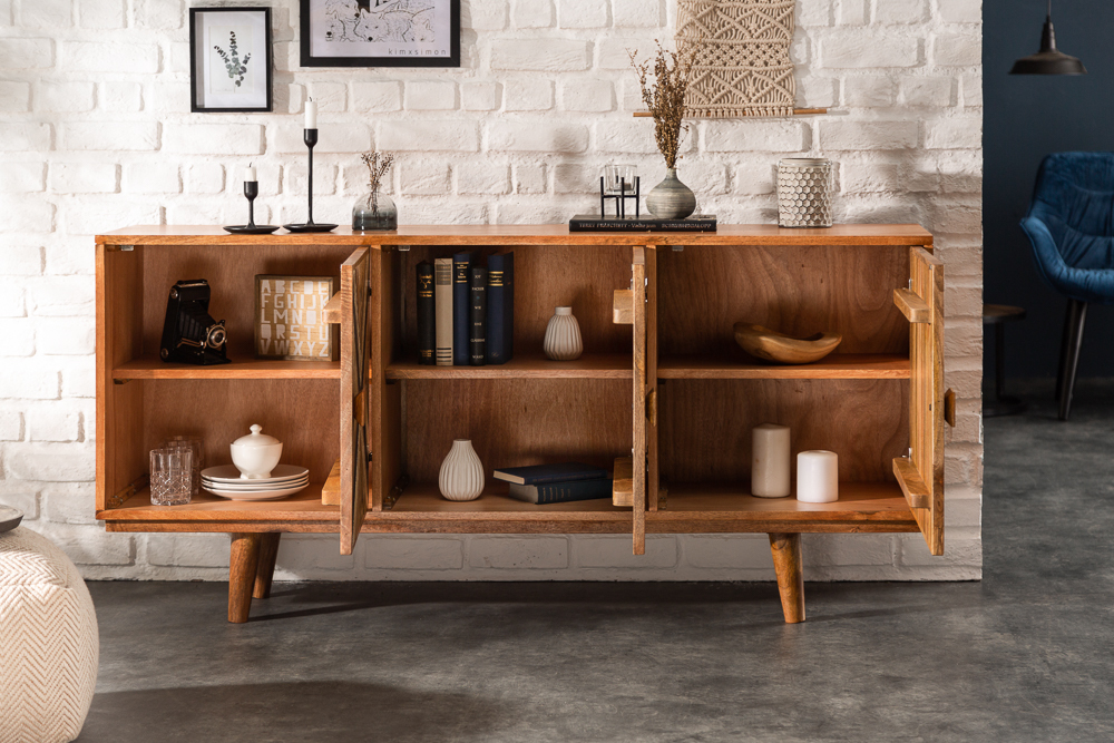 Elegantes Sideboard LONG ISLAND 160cm Mangoholz-Optik mit Retro Muster