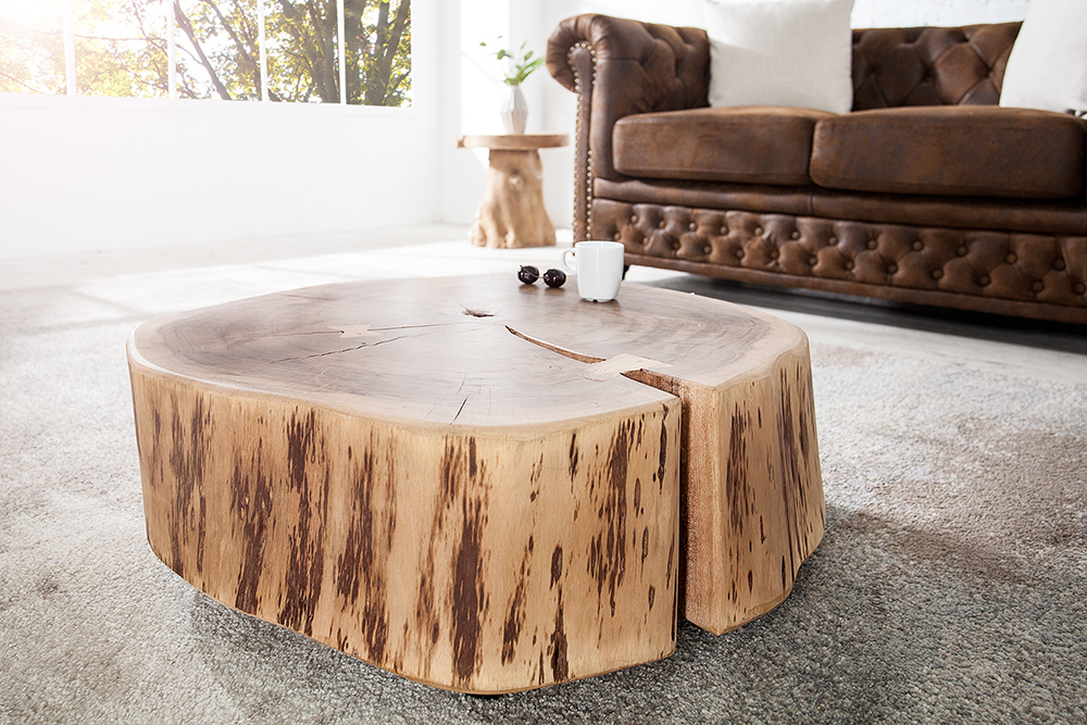 Baumstamm Couchtisch GOA 60cm natur Akazie Massivholz rund mit Rollen Unikat