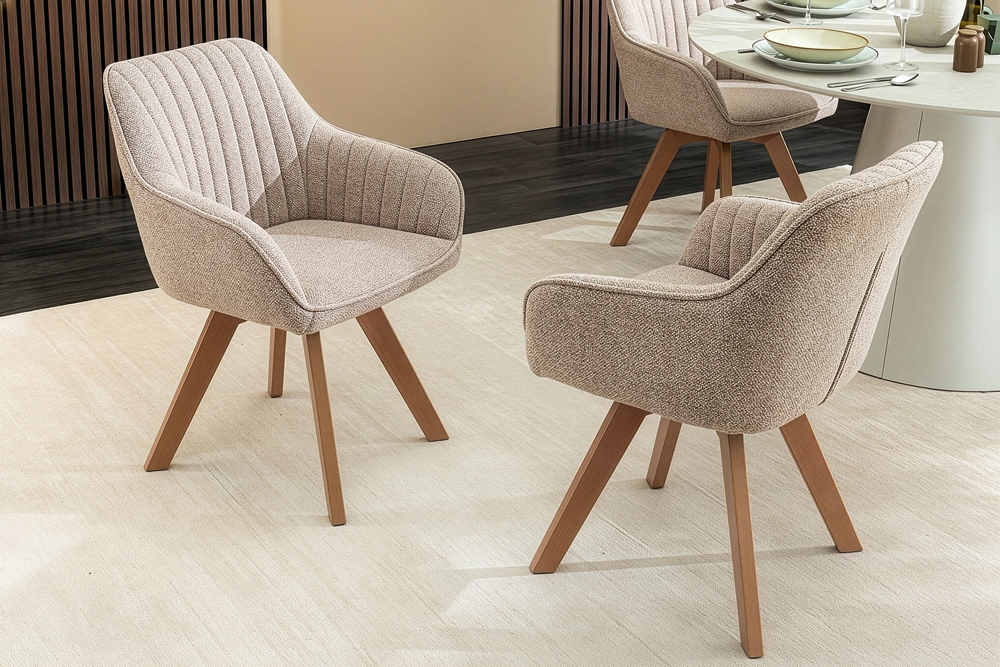 Design Stuhl LIVORNO beige Strukturstoff Massivholzbeine drehbar Auto-Return-Funktion