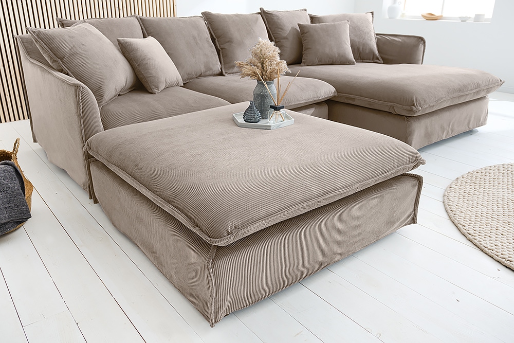 Großer Sitzhocker HEAVEN 100cm greige Cord Sofahocker abnehmbarer Bezug