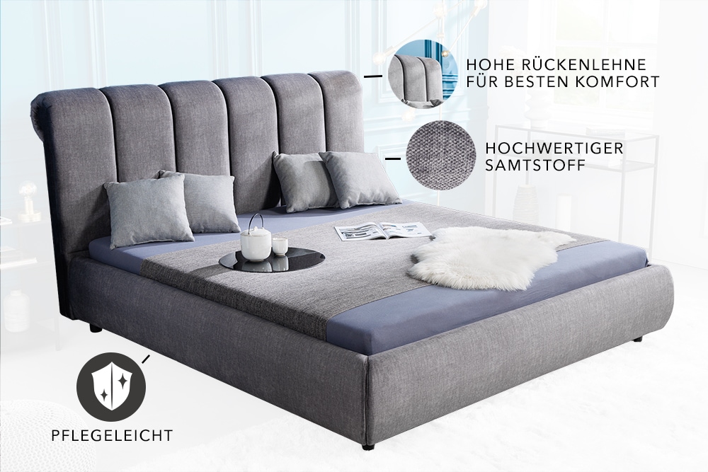 Design Bett MILANO 180x200cm grau Vogue Seiden Samtstoff
