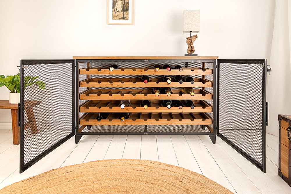 Design Weinboard  BODEGA 130cm natur schwarz Tannenholz Metall Flaschenregal