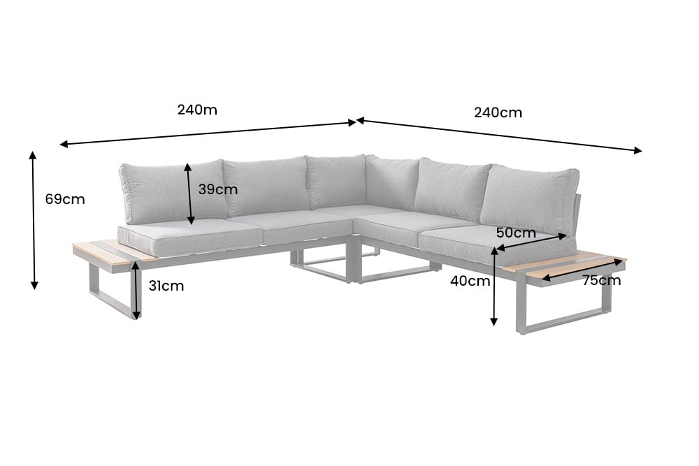 Moderne Garten Sitzgruppe TAMPA LOUNGE 240cm grau Aluminium wetterfest inkl. Sitzkissen
