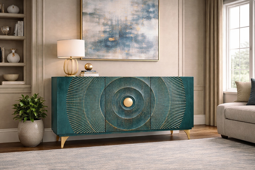Handgearbeitetes Sideboard GOLDEN SUNSET 140cm türkis mit 3D Schnitzereien gold Mangoholz Metallbeine