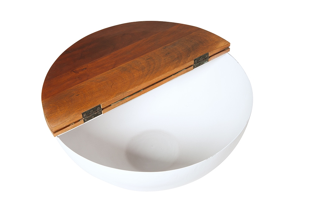 Design Couchtisch JAKARTA 70cm weiß Massivholz rund aus recycelten Fischerbooten mit Stauraum