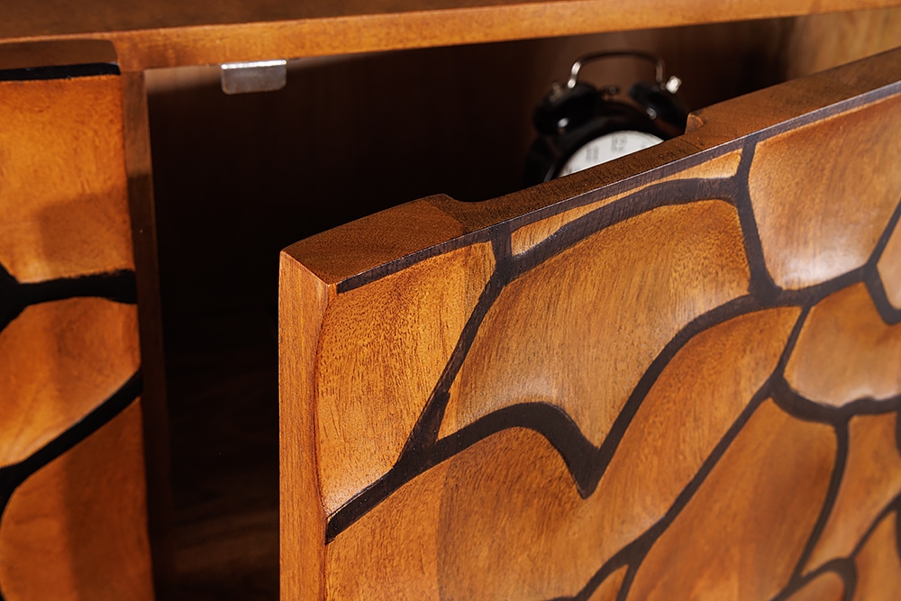 Massivholz Sideboard VULCANO 180cm braun Mangoholz mit 3D Schnitzereien handmade Metallgestell schwarz