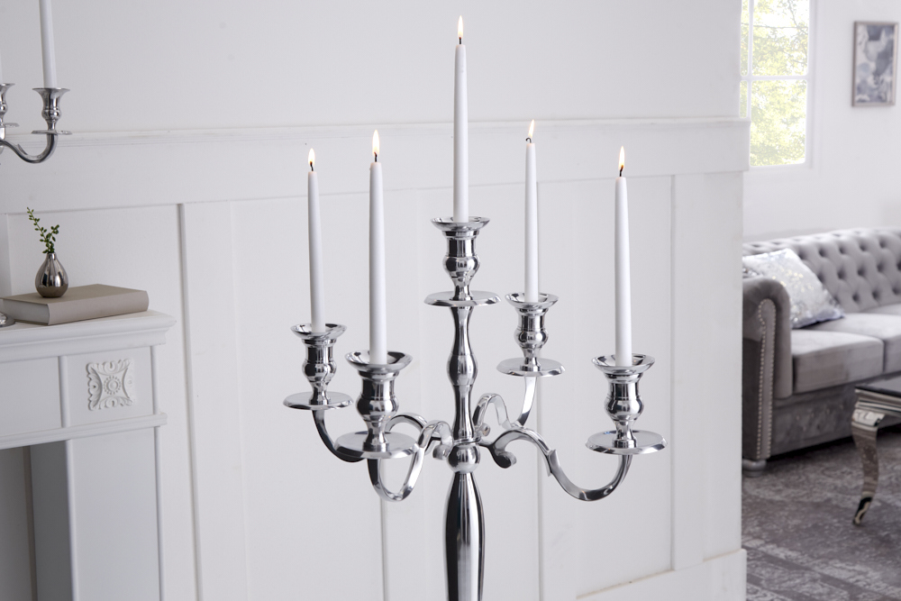 Kerzenständer MODERN BAROCK 120cm silber 5-armig Lüster Aluminium poliert Kerzenhalter