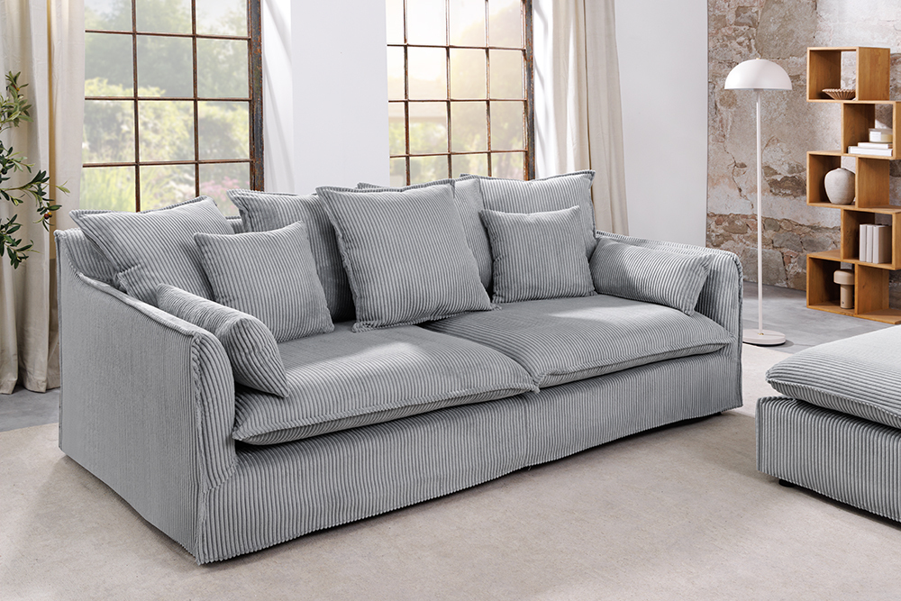 Großes 3-Sitzer Sofa HEAVEN 200cm hellgrau Cord Federkern Hussensofa abnehmbarer Bezug