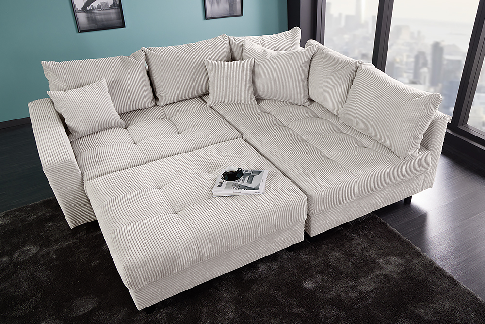 Modernes Ecksofa KENT 220cm beige Cord inkl. Hocker Federkern L-Form Wohnlandschaft