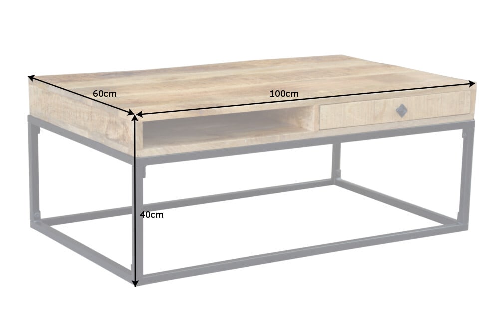 Massiver Couchtisch IRON CRAFT 100cm Mangoholz mit Schublade schwarzes Metallgestell