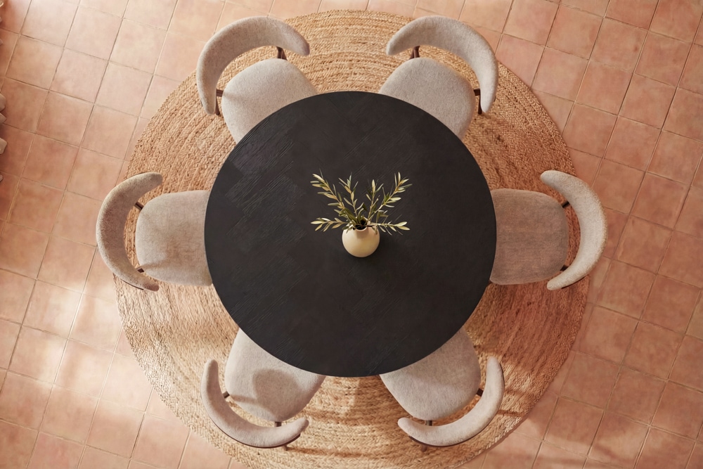 Design Esstisch BABYLON 120cm schwarz Fischgrät Eiche rund mit drei Säulenfüßen