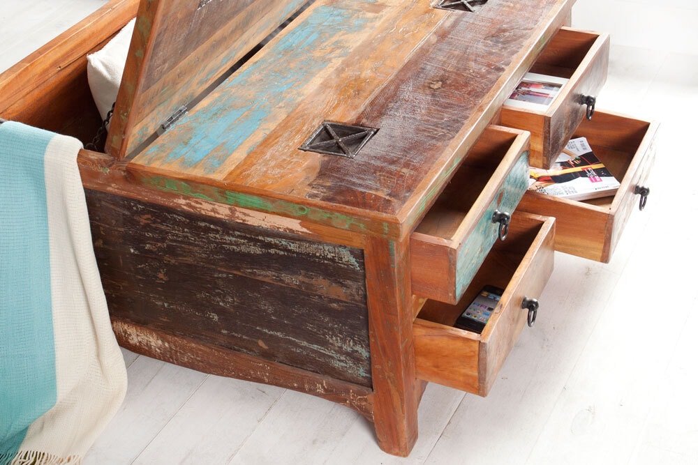 Massiver Couchtisch JAKARTA 70cm bunt Truhe aus recycelten Fischerbooten Holz mit Schubladen