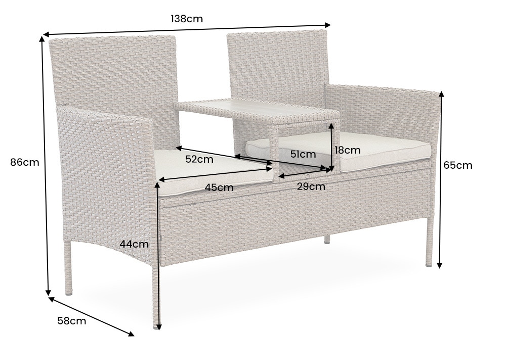 Moderne Gartenbank PORTOFINO 140cm natur beige Polyrattan Sitzbank mit Tisch wetterfest