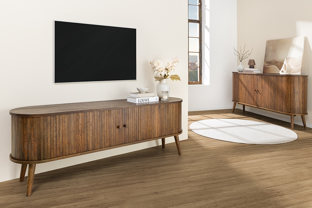Retro TV-Board VALHALLA WOOD 160cm smoked Eichenholz Schiebetüren Lowboard