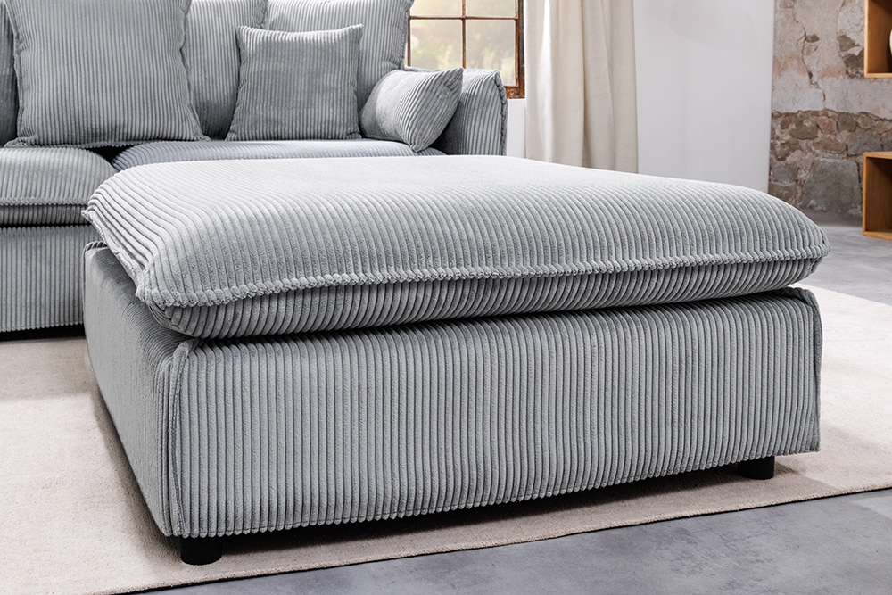 Großer Sitzhocker HEAVEN 100cm hellgrau Cord Federkern Sofahocker abnehmbarer Bezug