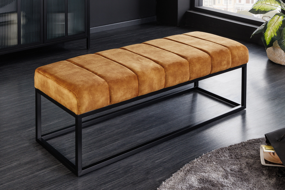 Moderne Sitzbank PETIT BEAUTÉ 110cm senfgelb Samt schwarzes Metallgestell