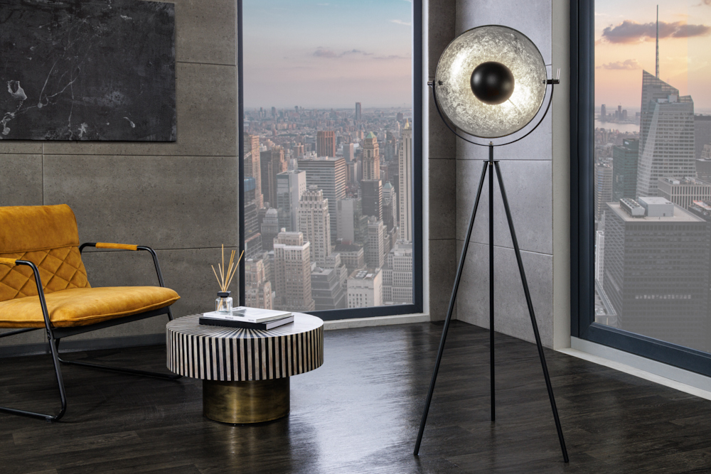 Industrial Stehlampe STUDIO 150cm schwarz Blattsilber-Optik neigbarer Schirm