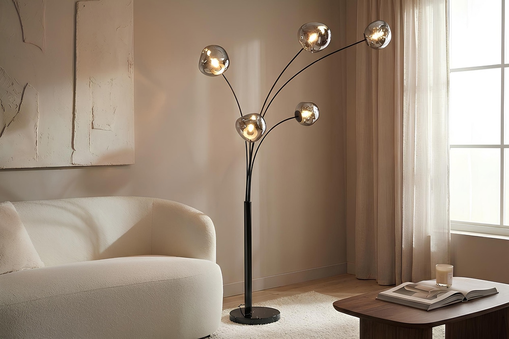 Design Stehlampe LIQUID DIAMOND 200cm schwarz smoke grau fünf Glasschirme mit Marmorfuß