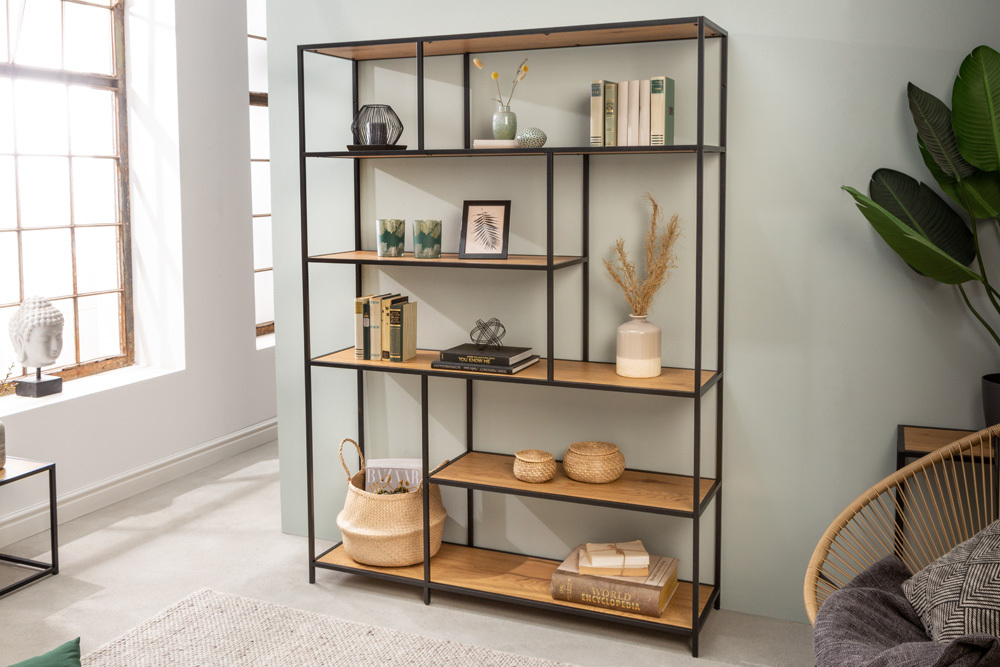 Industrial Bücherregal SLIM LINE 185x135cm Wildeiche schwarz sechs Regalböden