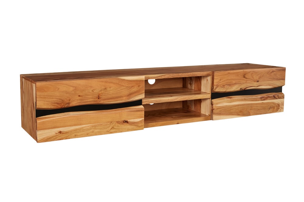 Hängendes TV-Lowboard AMAZONAS 160cm natur Akazie Massivholz Baumkante Metall schwarz