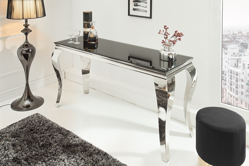 Eleganter Konsolentisch MODERN BAROCK 145cm schwarz Opalglas Edelstahlbeine