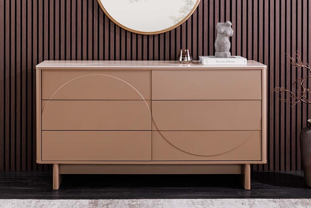Design Sideboard SAVOY 150cm grau beige greige Keramik Travertin mit sechs Schubladen