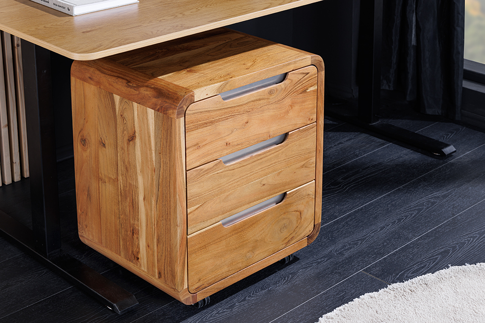Massiver Rollcontainer CUBUS 60cm braun Akazienholz honey finish drei Schubladen