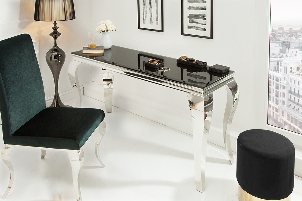 Eleganter Konsolentisch MODERN BAROCK 145cm schwarz Opalglas Edelstahlbeine