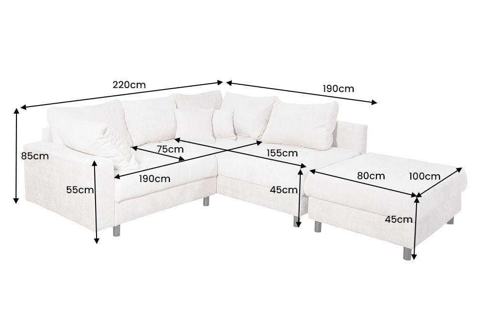 Modernes Ecksofa KENT 220cm champagner beige Chenille Cremona Federkern Wohnlandschaft mit Hocker