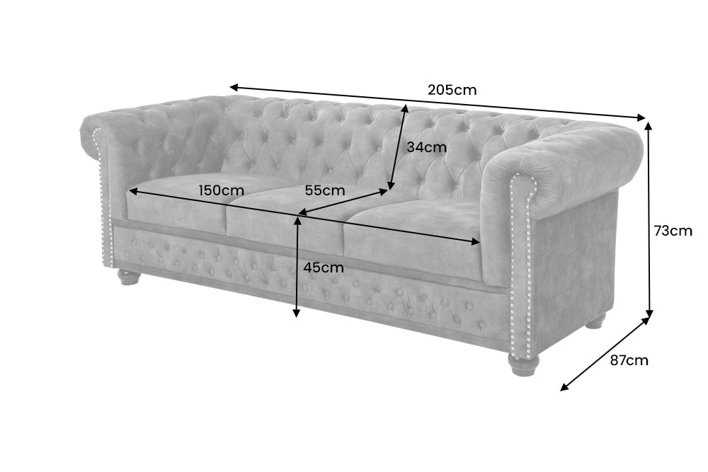 Chesterfield 3-Sitzer Sofa 205cm grau Samt Federkern Knopfheftung