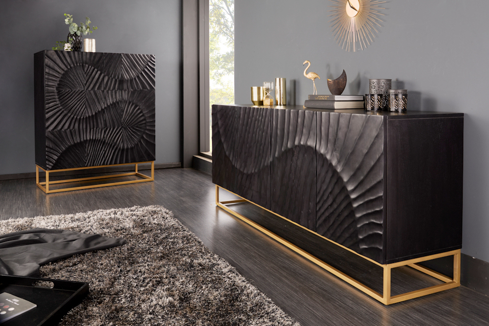 Massives Highboard SCORPION 120cm schwarz Mangoholz aufwendige 3D Schnitzereien