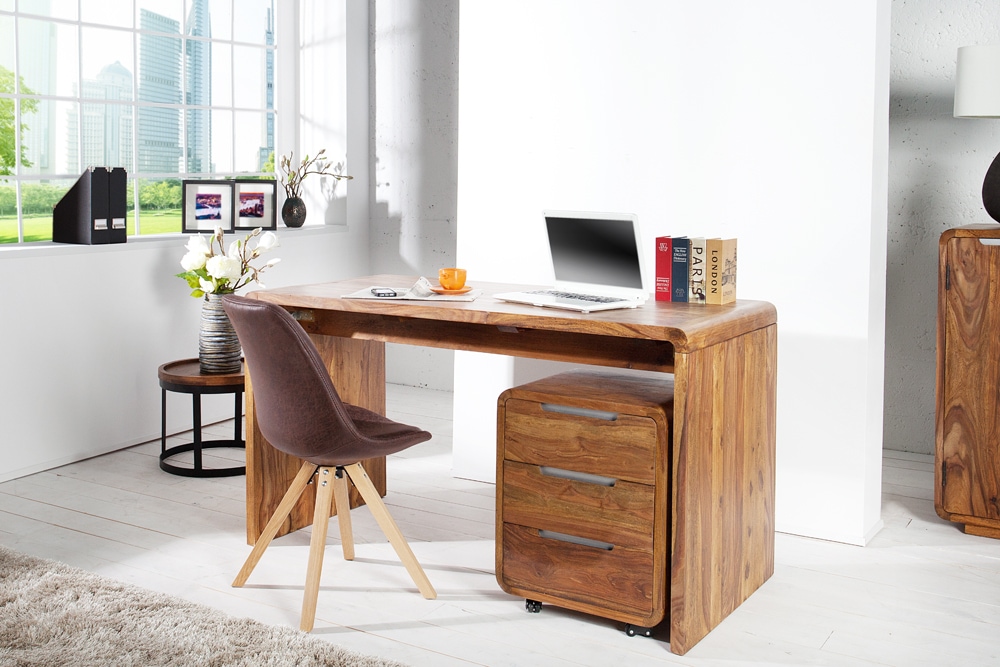 Massiver Rollcontainer CUBUS 60cm braun Sheeshamholz stone finish drei Schubladen