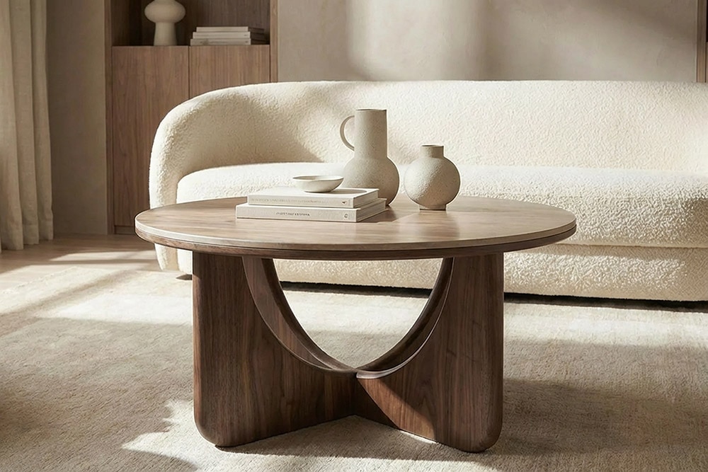 Runder Couchtisch ENSO 80cm champagner greige Travertin Keramik Walnussholz