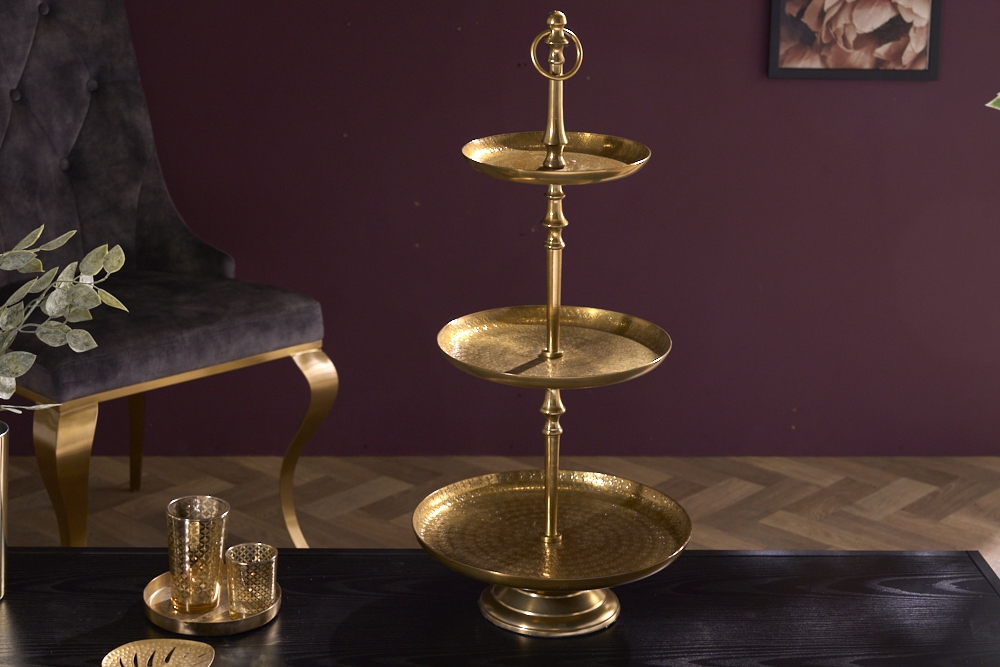 Design Etagere ORIENT 65cm gold im Wild Hammerschlag mit drei Etagen