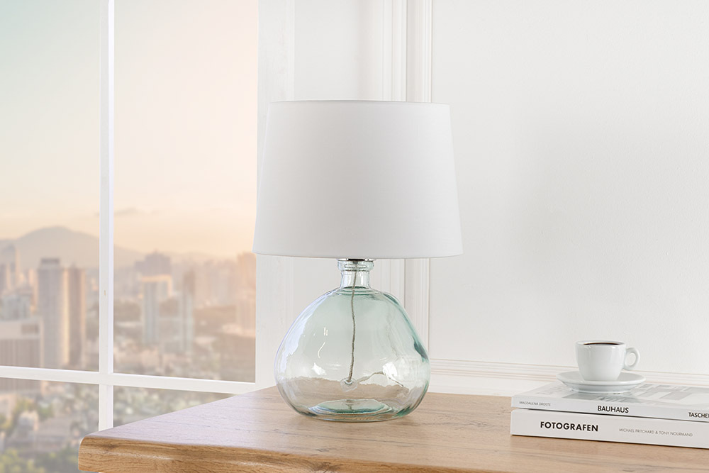 Moderne Tischlampe CLASSIC 45cm transparent recyceltes Glas weiß Stoffschirm » Jetzt kaufen