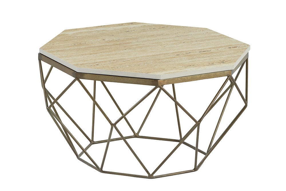 Handgefertigter Couchtisch DIAMOND 70cm beige Travertin messing Eisen