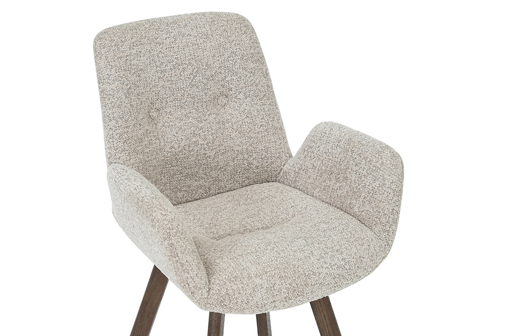Drehbarer Design Stuhl BALTIC taupe Bouclé Tweed Soft Eiche Massivholz Walnuss
