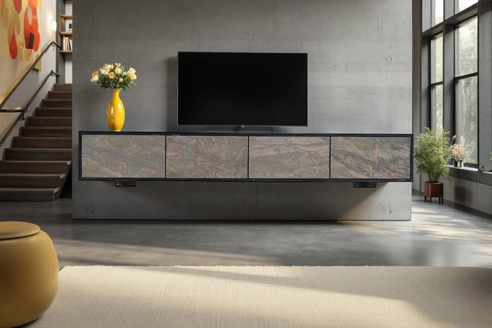 Massivholz TV-Lowboard MOUNTAIN SOUL 200cm Akazie grün bronze hängend Naturstein schwarz