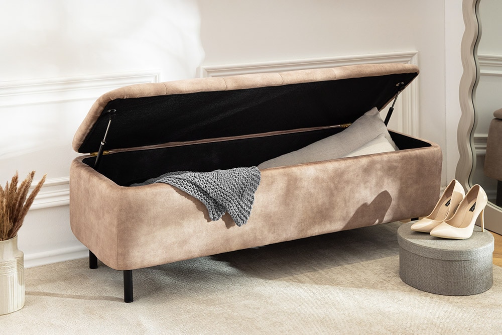 Extravagante Polsterbank EN VOGUE 120cm beige Samt mit Stauraum schwarze Metallbeine