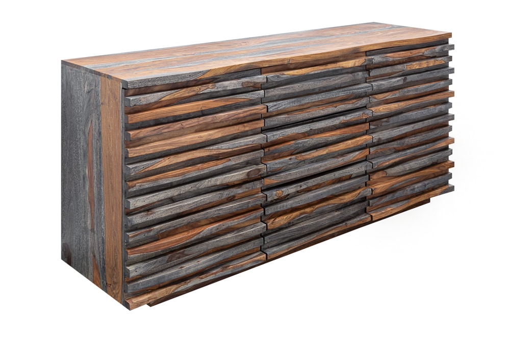 Massivholz Sideboard RELIEF 160cm Sheesham grau smoke finish Kommode mit Schubladen
