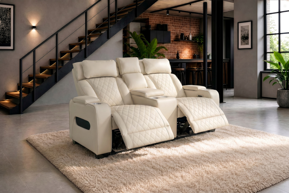 Elektrischer 2er Kinosessel HOLLYWOOD beige Kunstleder Relaxfunktion Getränkehalter